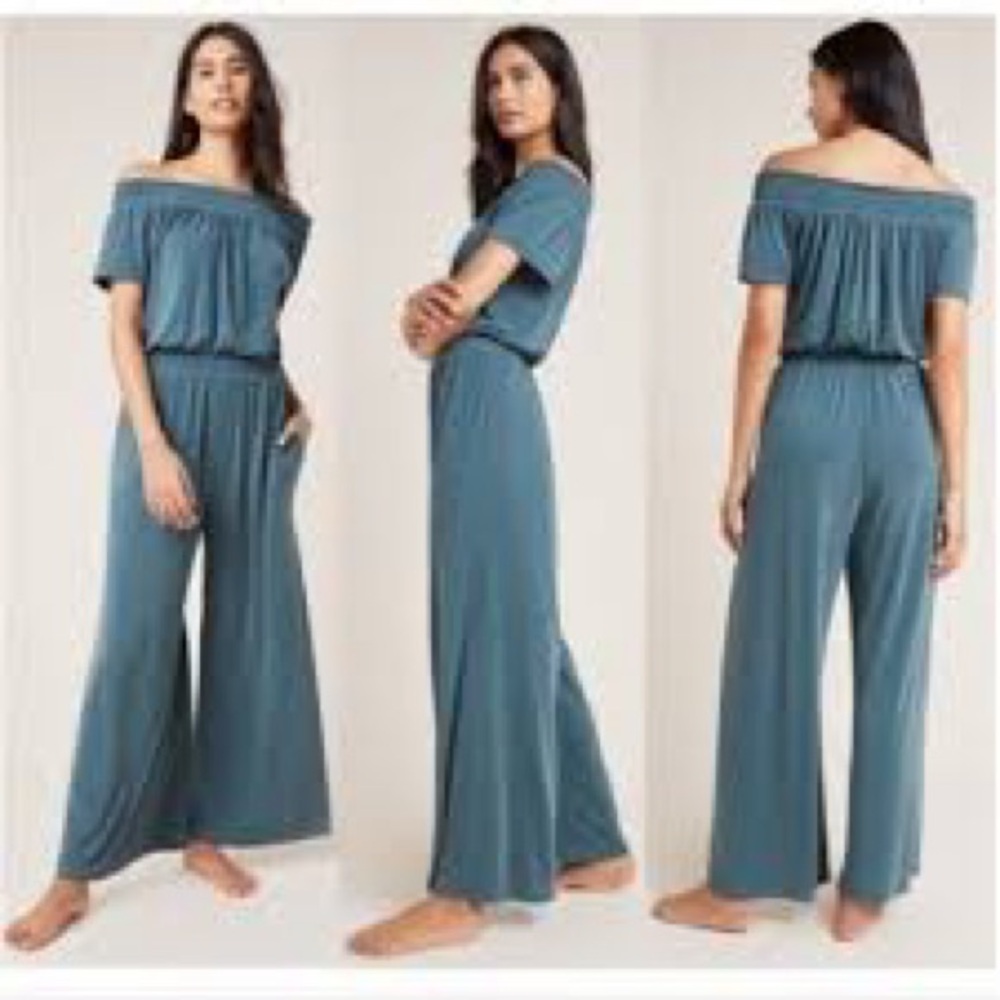 Anthropologie Saturday Sunday Rebecca Teal Blue Smocked Wide Leg Jumpsuit, M